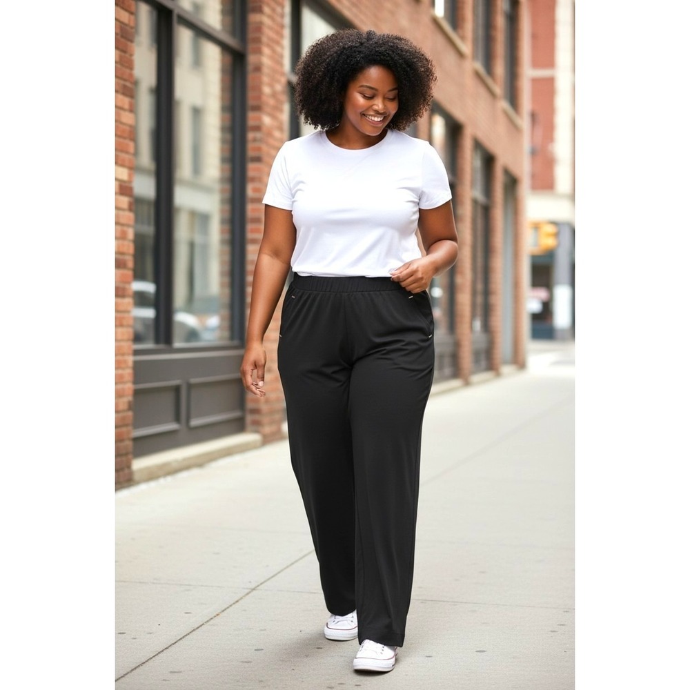 (J-280) Susan Graver Liquid Knit Straight Leg Pants Black Size L NWT QVC Pockets